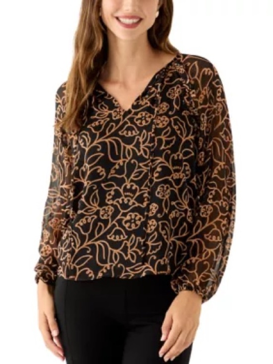 Vince Camuto Tops - Vince Camuto Black Brown Floral Ruffle Blouse Balloon Sleeve M